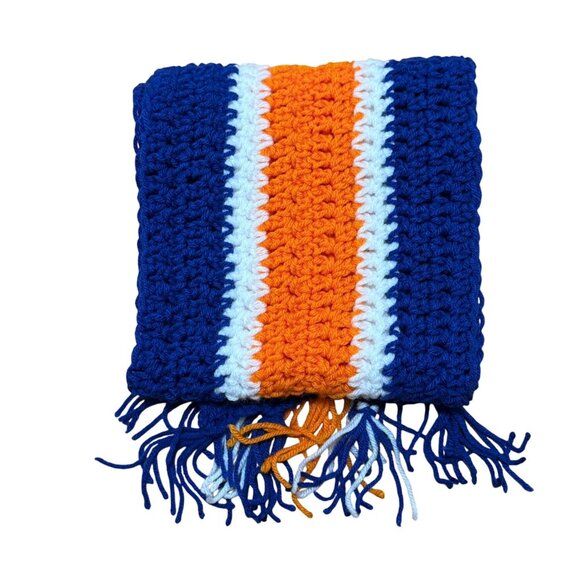 NEW Handmade Crochet Scarf With Blue Orange & White Stripes - Picture 2 of 2
